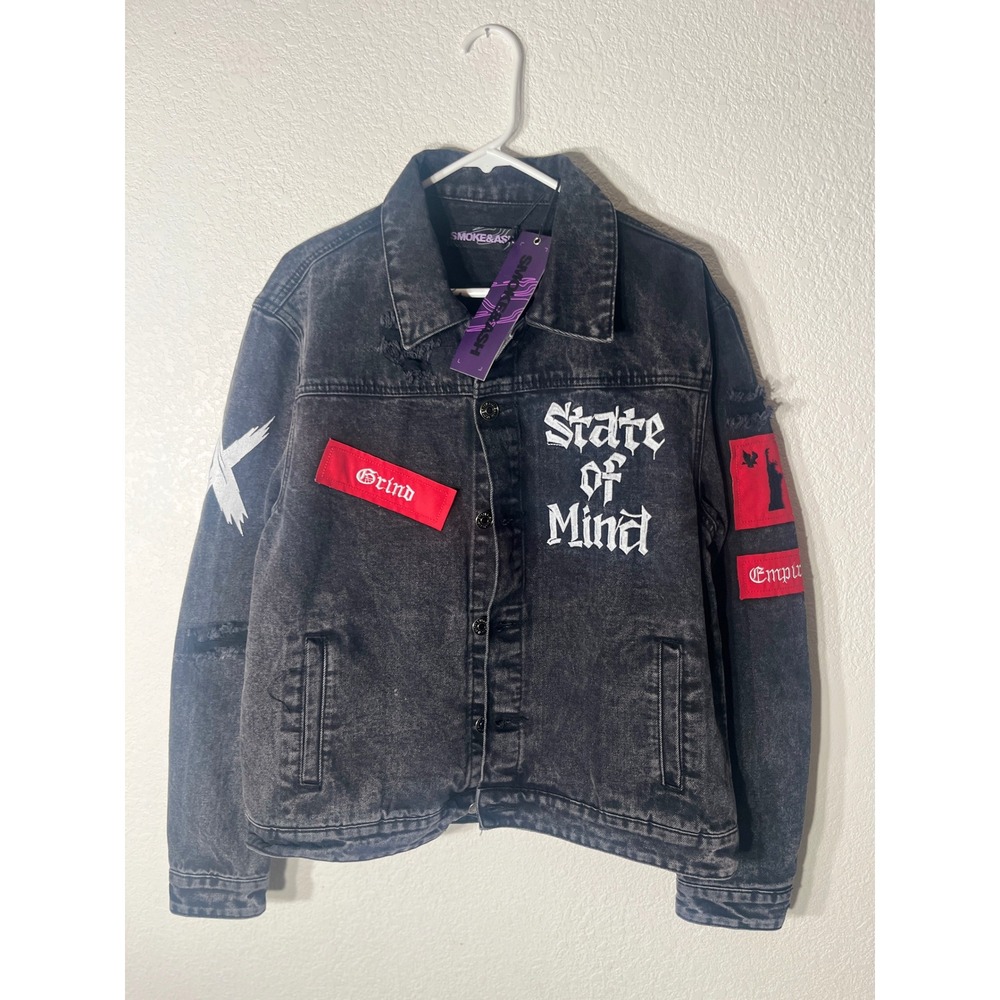 Smoke & Ash Mens State of Mind NYC Distressed Denim Jacket Black Acid Wash L NWT